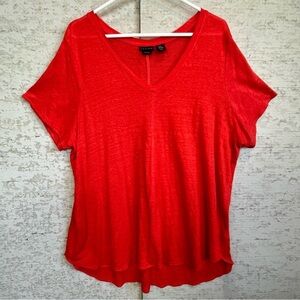 Tahari 100% Linen Short Sleeve Top Sz 2X V-neck Summer Vibrant Red-Orange